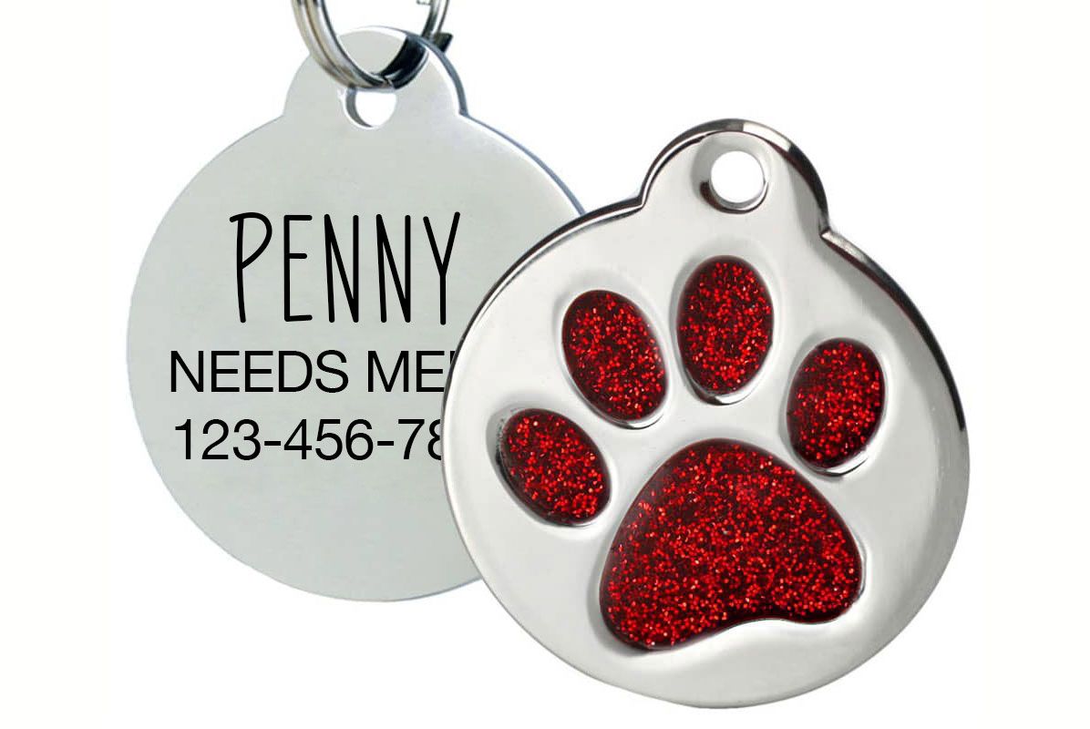 A stainless steel pet tag with a red glitter paw print design, shown with an example of the personalized engraving on the back for a pet named Penny.