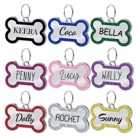 Custom engraved dog bone pet tag with colorful border