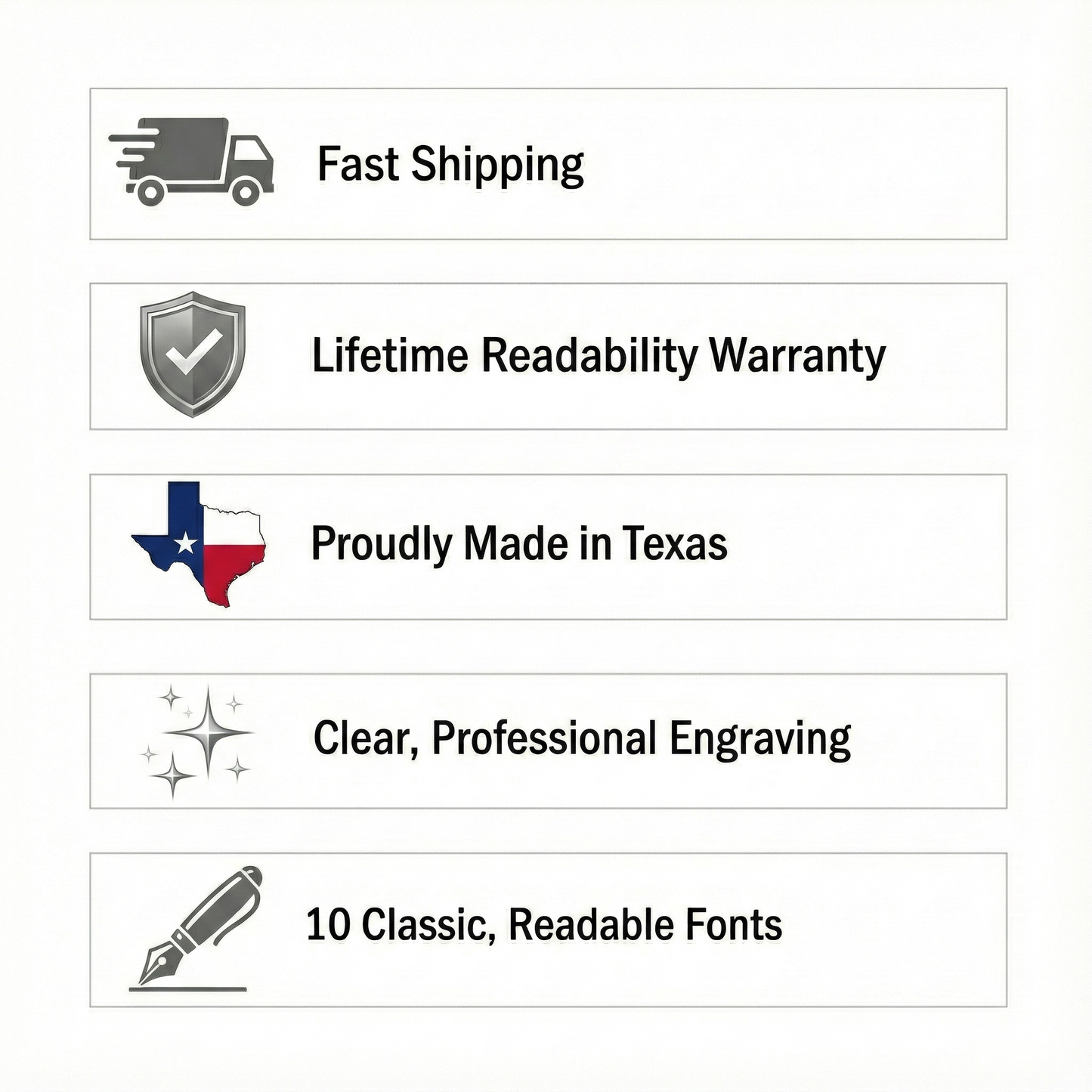 List of product features including fast shipping, lifetime readability warranty, made in Texas, clear engraving, and 10 classic fonts on a white background.
