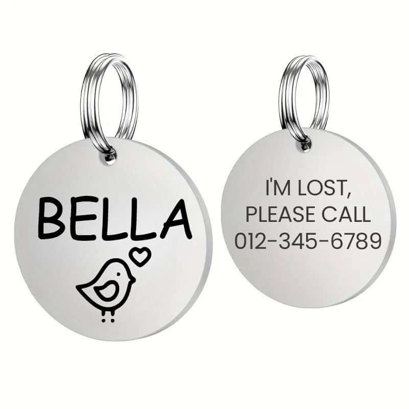 Customizable pet tags with engraved stainless steel design