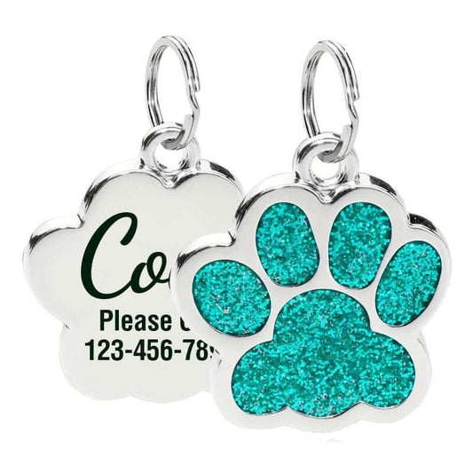 Glitter paw engraved pet ID tag in stainless steel finish