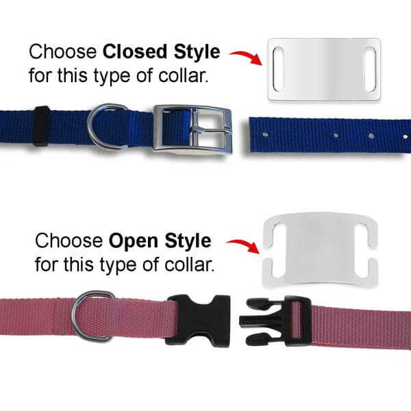 A diagram explaining the two styles of slide-on pet tags. The 'Closed Style' is for traditional buckle collars, and the 'Open Style' is for collars with a plastic quick-release clip.