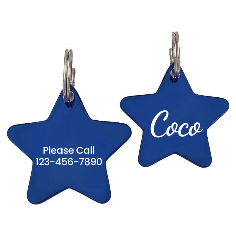 Blue star-shaped stainless steel pet ID tag engraved with the name 'Coco' on one side and 'Please Call 123-456-7890' on the other for pet recovery and identification.