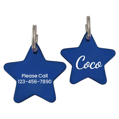 Blue star-shaped stainless steel pet ID tag engraved with the name 'Coco' on one side and 'Please Call 123-456-7890' on the other for pet recovery and identification.