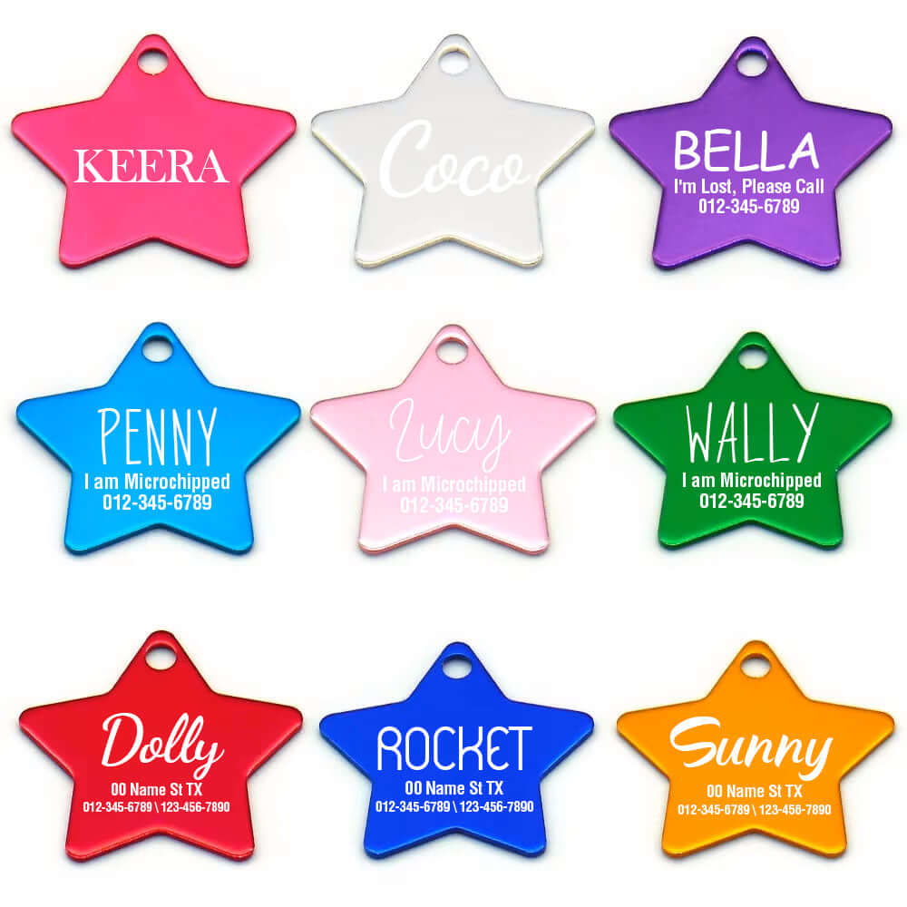 Array of colorful star-shaped aluminum pet ID tags with custom names like Keera, Coco, Bella, and microchip details, available in pink, white, purple, blue, green, red, orange.