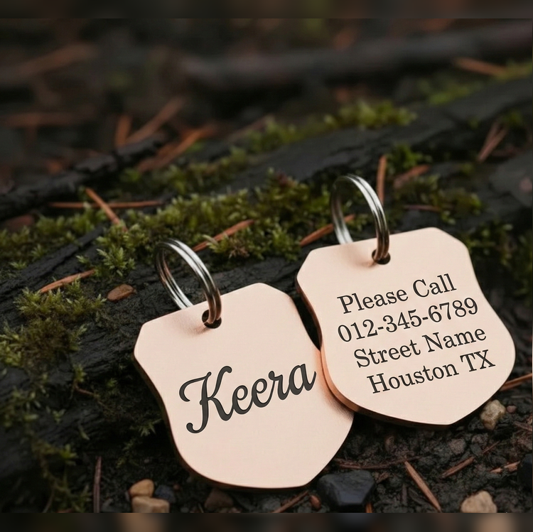 Two engraved dog tags on a natural background
