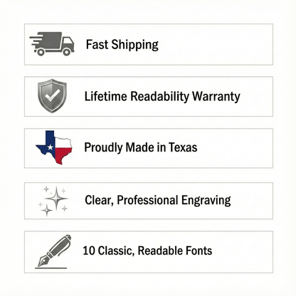 List of product features including fast shipping, lifetime readability warranty, made in Texas, clear engraving, and 10 classic fonts on a white background.