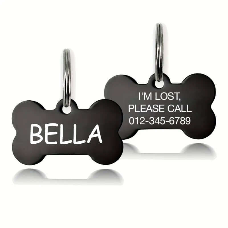 Custom Black Bone-Shaped Dog Tags - 'Bella' and Emergency Contact Tag 'I'm Lost, Please Call' with phone number