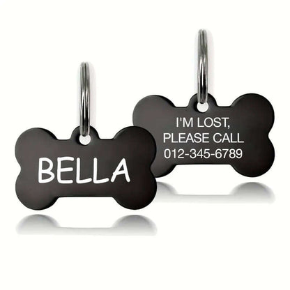 Custom Black Bone-Shaped Dog Tags - 'Bella' and Emergency Contact Tag 'I'm Lost, Please Call' with phone number