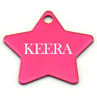 Bright pink star-shaped pet ID tag engraved with the name 'Keera', ideal for easy identification and style.