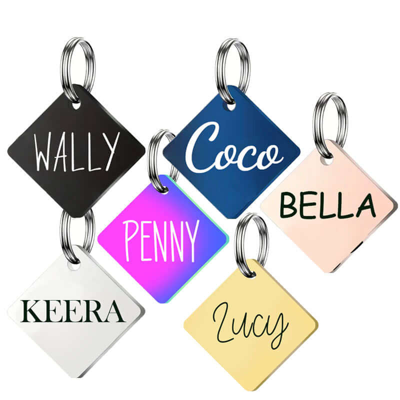 Collection of stainless steel square pet ID tags in diamond orientation with engraved names like Wally, Coco, Bella, Lucy, Keera, and Penny, available in black, navy, rose gold, gold, silver, and gradient finishes.
