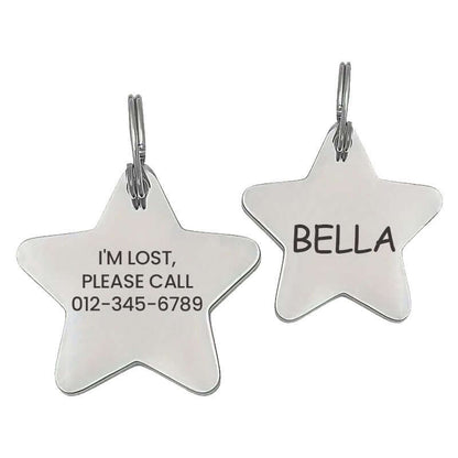Silver stainless steel star-shaped pet ID tag engraved with 'BELLA' on one side and 'I’m lost, please call 012-345-6789' on the other, ideal for lost pet recovery and identification.