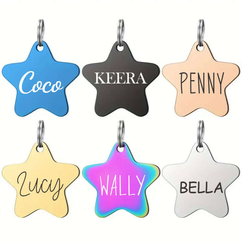 Assorted stainless steel star shape pet tags engraved with names like Coco, Keera, Penny, Lucy, Wally, and Bella, available in multiple finishes including blue, black, gold, rose gold, silver, and rainbow.