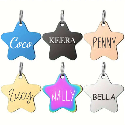 Assorted stainless steel star shape pet tags engraved with names like Coco, Keera, Penny, Lucy, Wally, and Bella, available in multiple finishes including blue, black, gold, rose gold, silver, and rainbow.